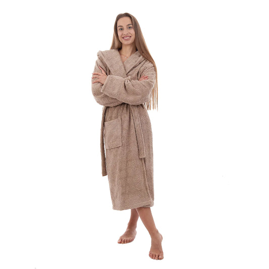 Дамски халат Жакард - луксозен памучен халат с качулка и колан