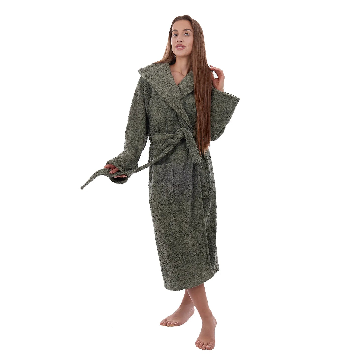 Дамски халат Жакард - луксозен памучен халат с качулка и колан