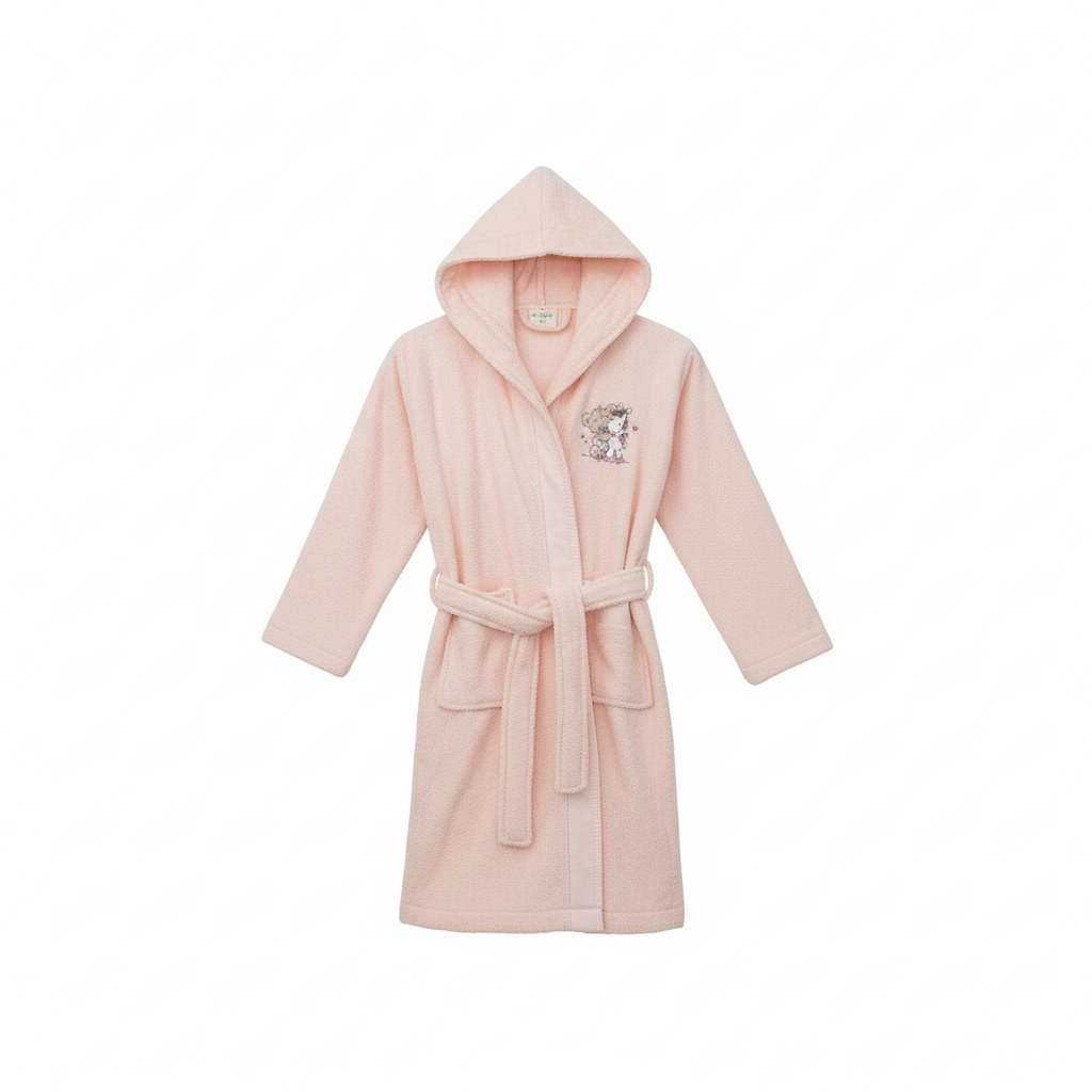 Детски халат Мече в розов цвят с бродерия - мек памучен халат с качулка