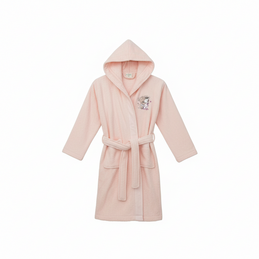 Детски халат Мече в розов цвят с бродерия - мек памучен халат с качулка
