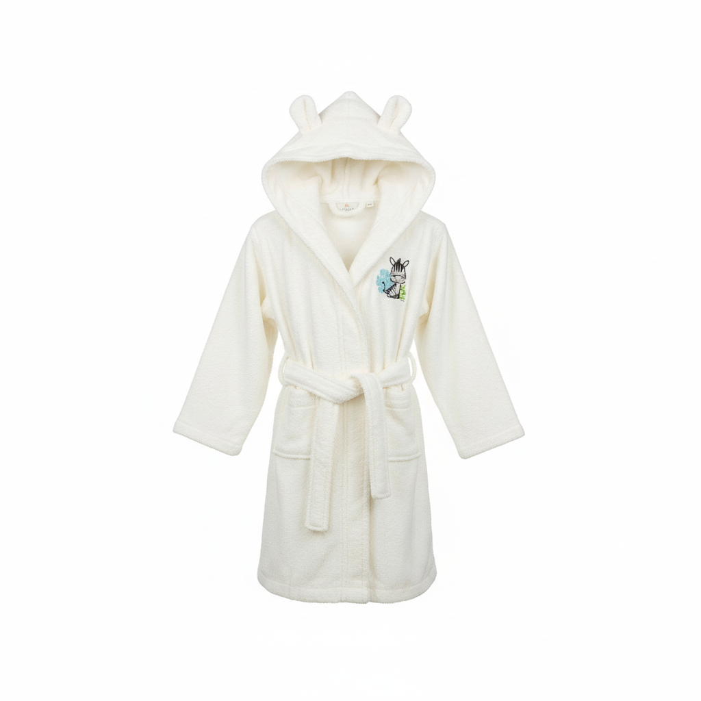 Детски халат Зебра в екрю цвят с бродерия - мек памучен халат с качулка