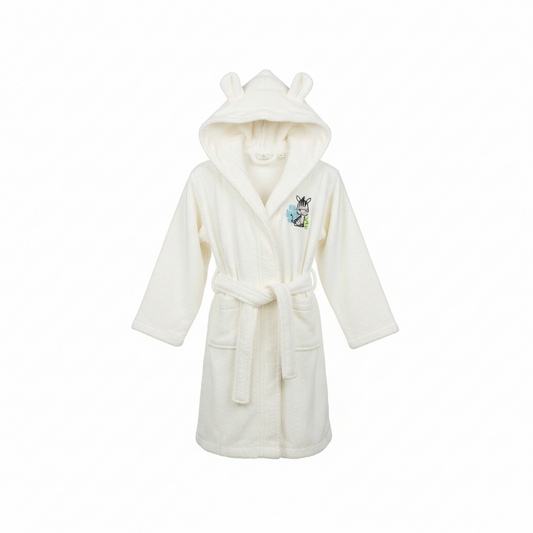 Детски халат Зебра в екрю цвят с бродерия - мек памучен халат с качулка