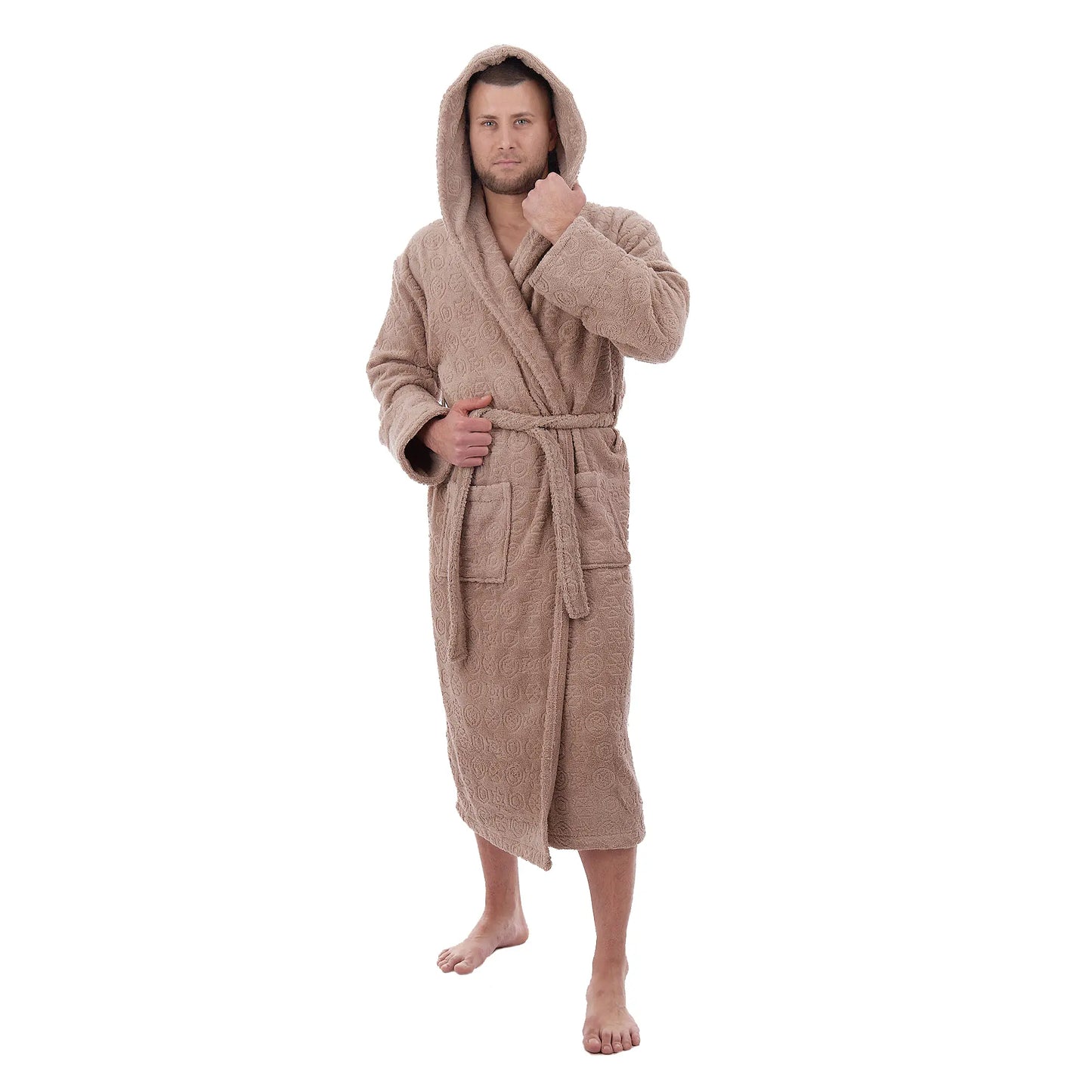 Мъжки халат Жакард - луксозен памучен халат с качулка и колан