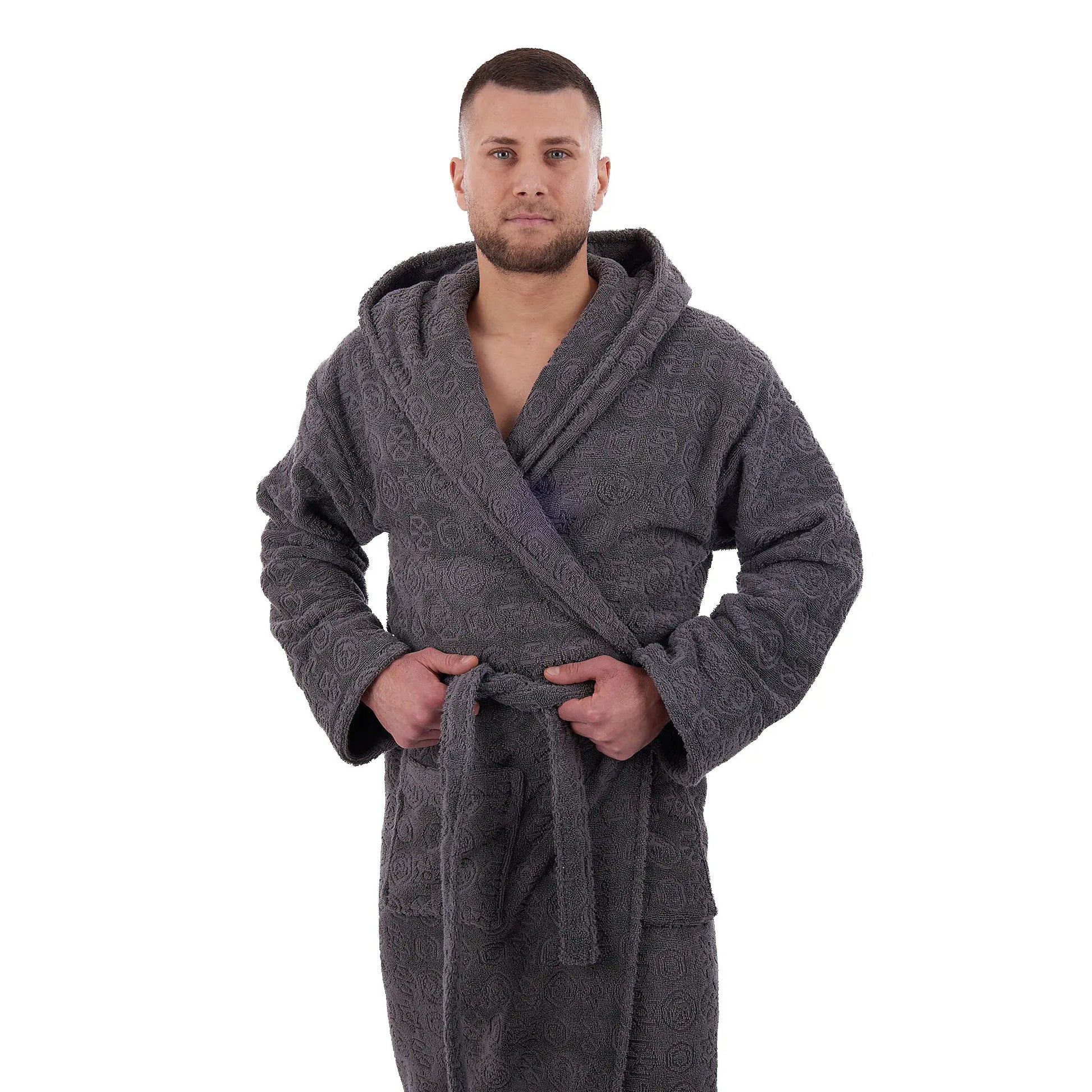 Мъжки халат Жакард - луксозен памучен халат с качулка и колан